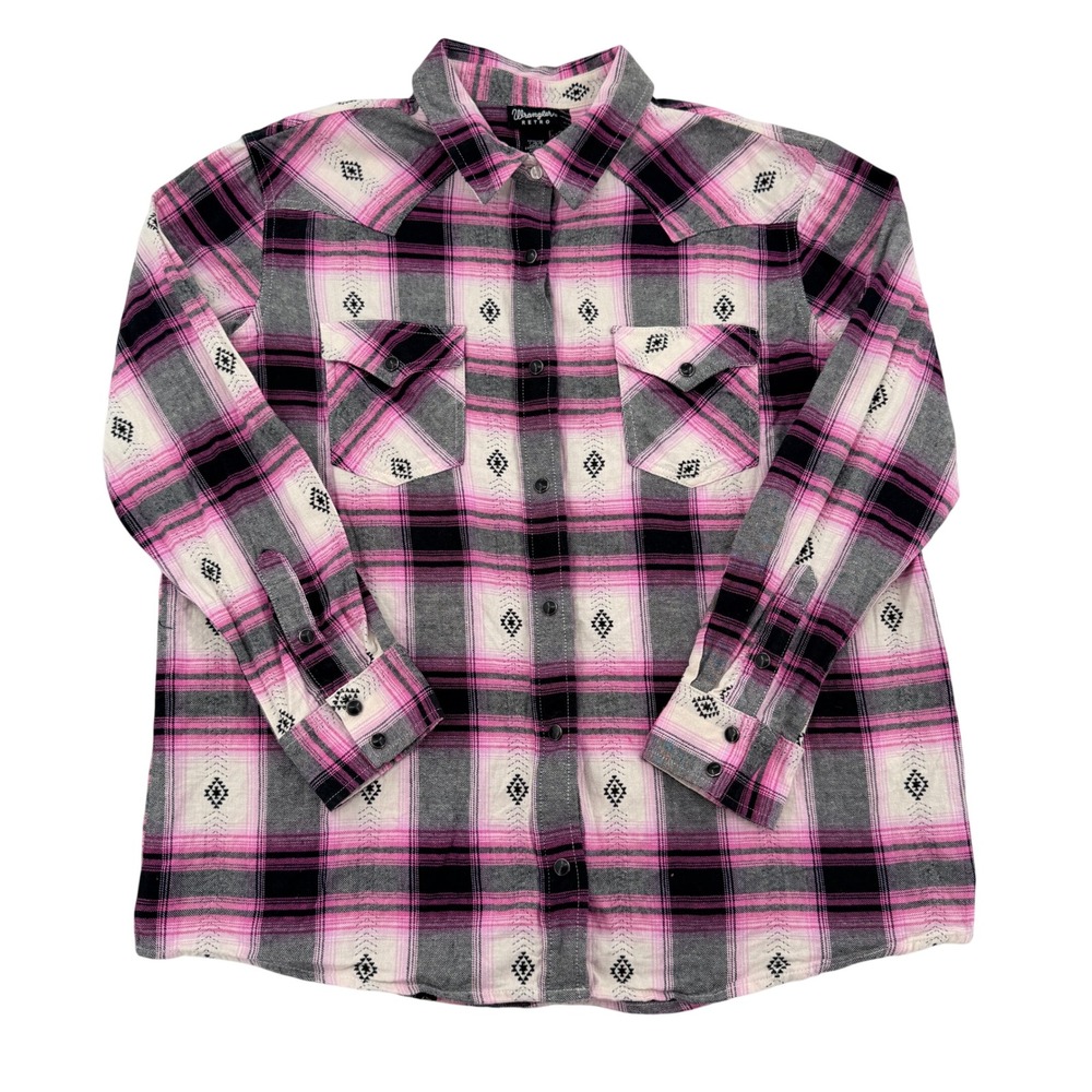Wrangler Retro Women Pink Plaid Western Snap Shirt Geometric Diamond Print L Y2K